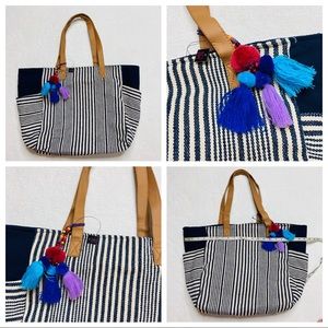 Tote Bag Beach Striped Blue White Canvas Tassels